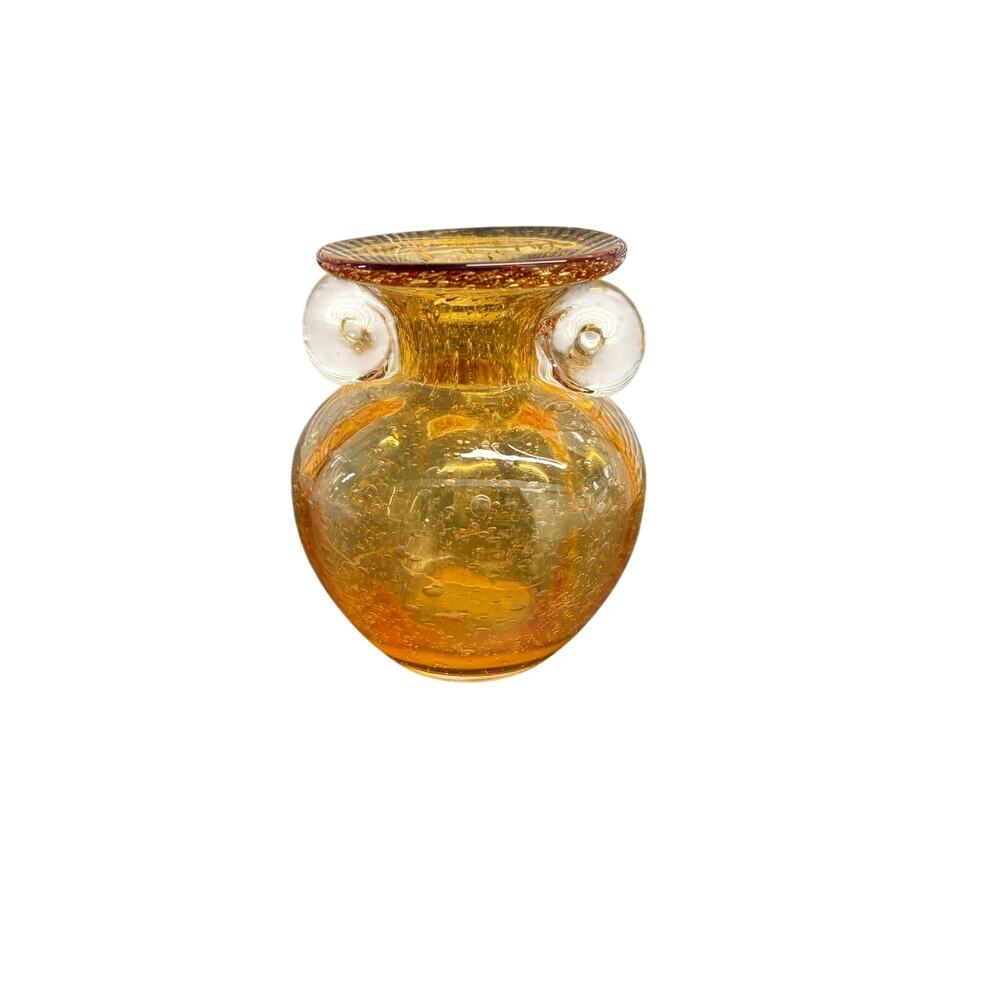 Vintage AMICI Style Hand Blown Glass Round Amber Yellow Vase 5 1/8" Tall